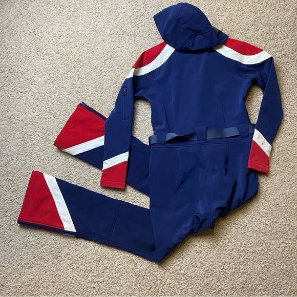 Women’s Perfect Moment Allos Ski Suit Navy Blue Red EUC Large Belted Ski Suit - Picture 3 of 13